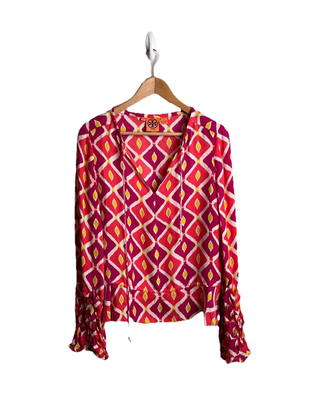 Tory Burch Top 6 100% Silk Blouse Pink Geometric Ikat Cinched Tie Cuff Sleeve